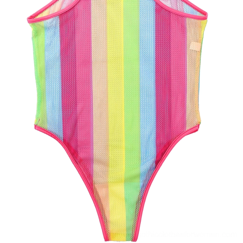 Rainbow striped fishnet gothic bodysuit flat lay detail pink trim sheer mesh texture