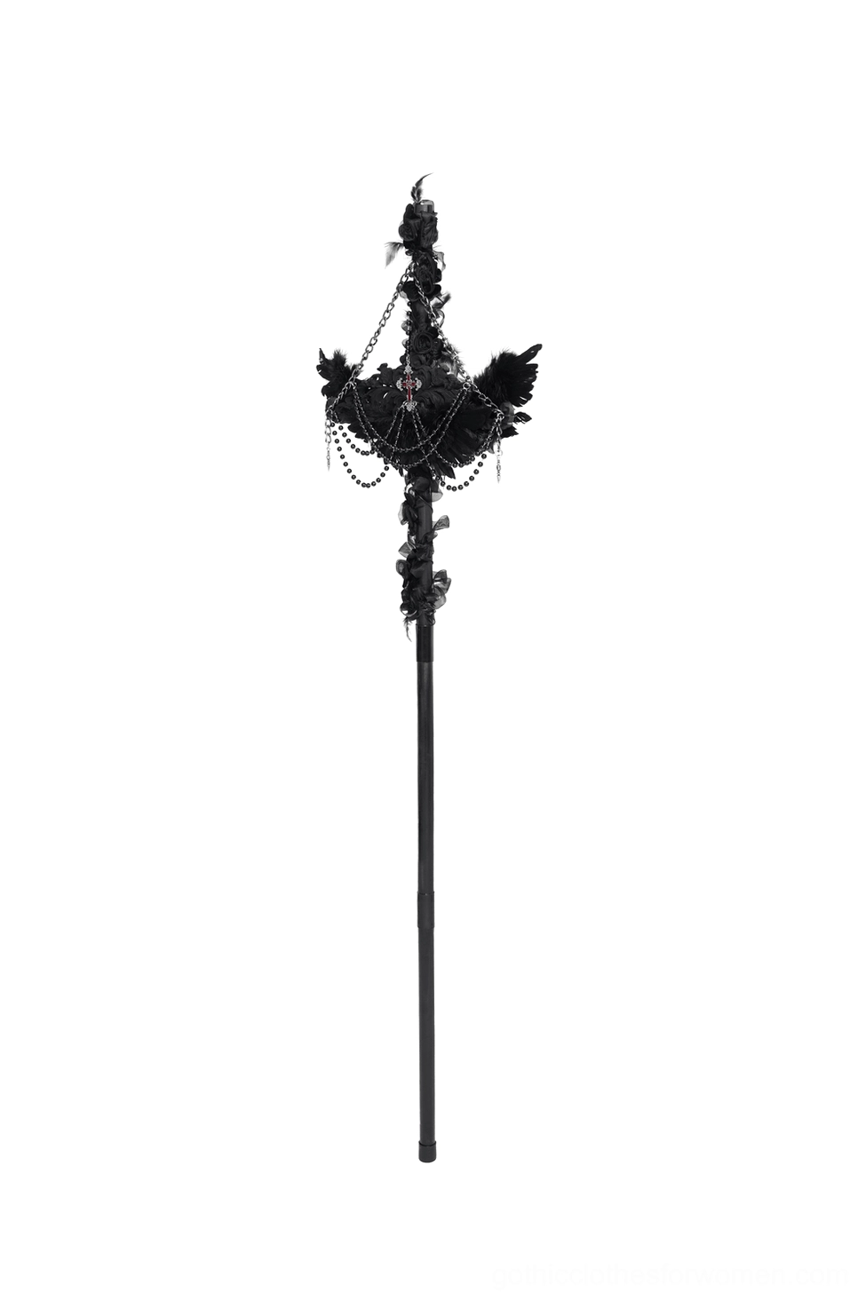 Compact upright display of black raven cross ceremonial staff with full ornate details visible