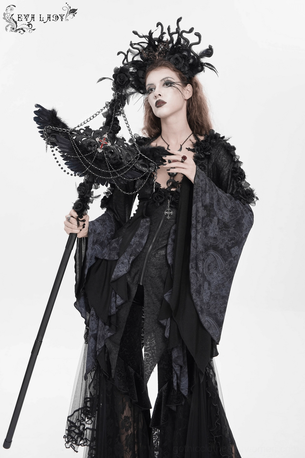 Black raven cross gothic staff alternative angle highlighting inverted cross and layered ornamental design