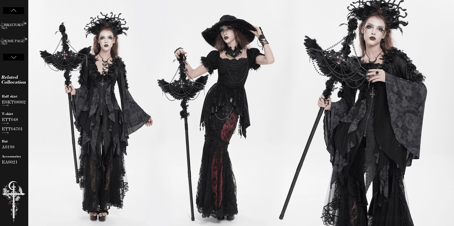 Raven cross gothic staff complete design showing intricate metalwork, feather trim, and rose sculptural accents