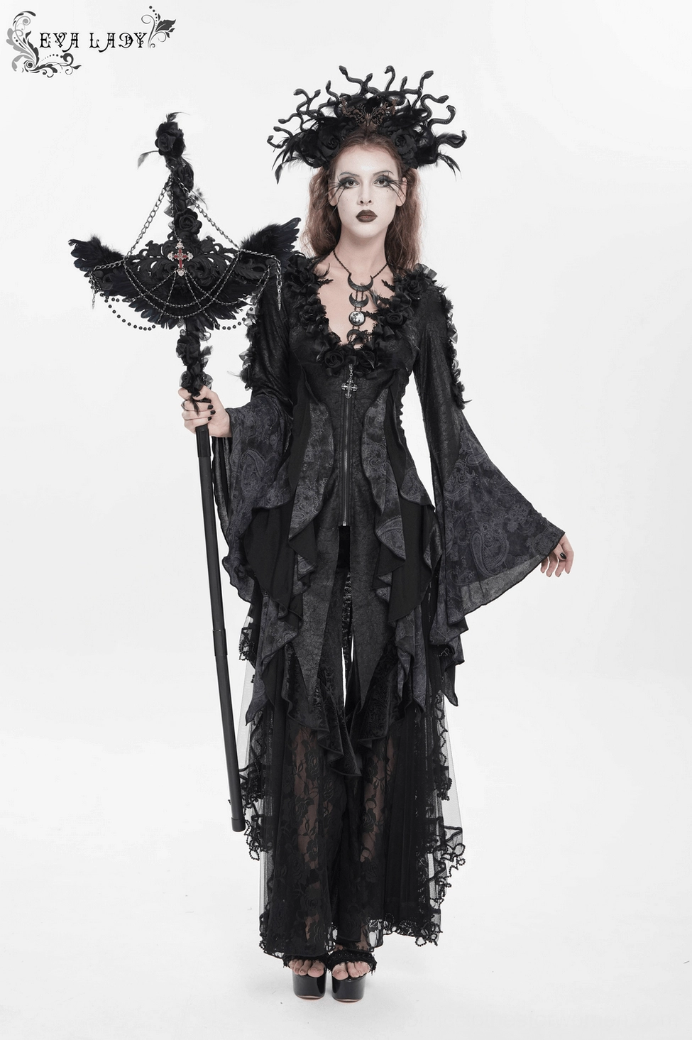 Raven cross ritual staff for gothic fashion featuring intricate rose details and metal embellishment work