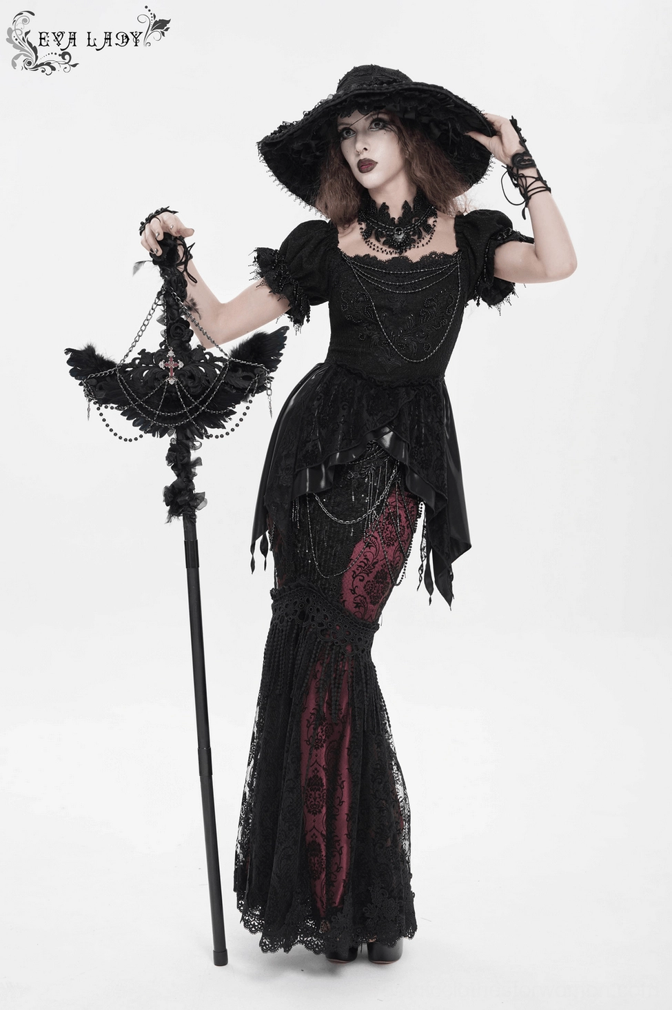 Raven cross staff for alternative fashion and dark fantasy cosplay with complete ornate details displayed