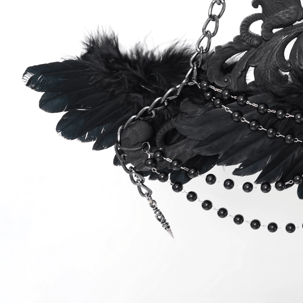 Detailed view of raven cross gothic staff showing layered beaded chain construction and rose sculptural elements