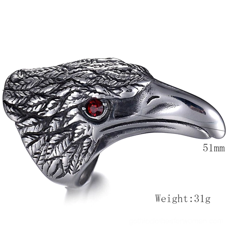 Raven head ring front right angle view with size and weight specifications 51mm 31g marked