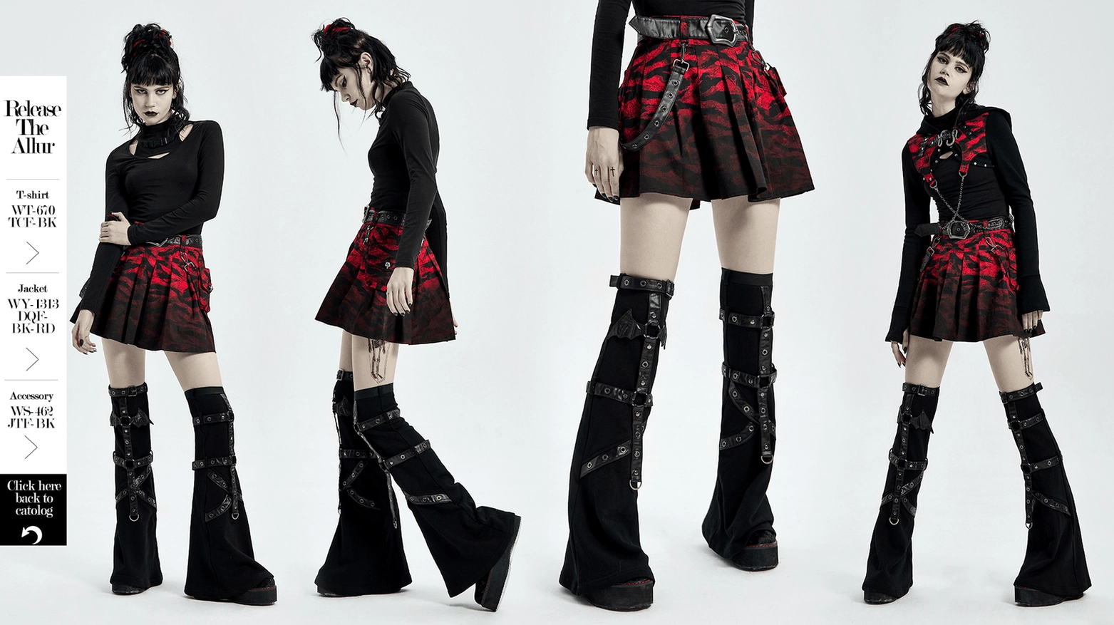 Red-black abstract print gothic A-line skirt with pleated construction, metal accents, and removable accessories