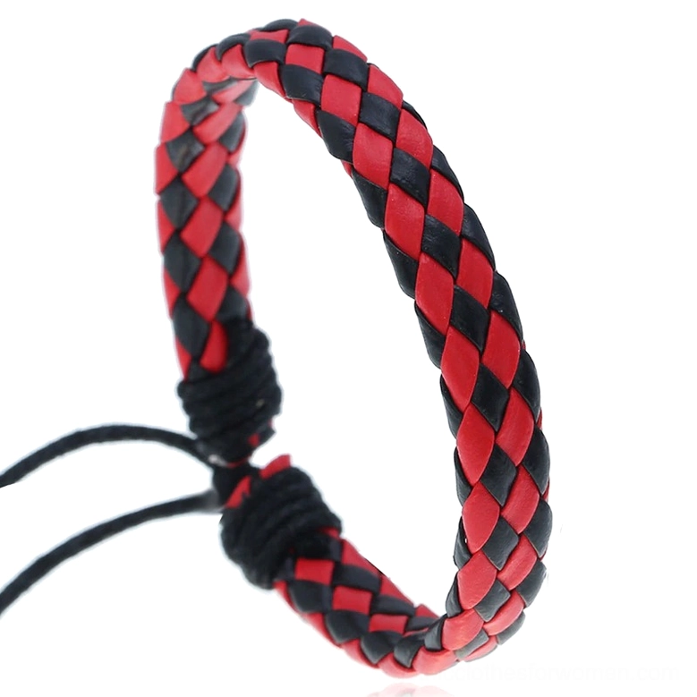 Red and black checkerboard braided leather gothic bracelet, geometric handmade design
