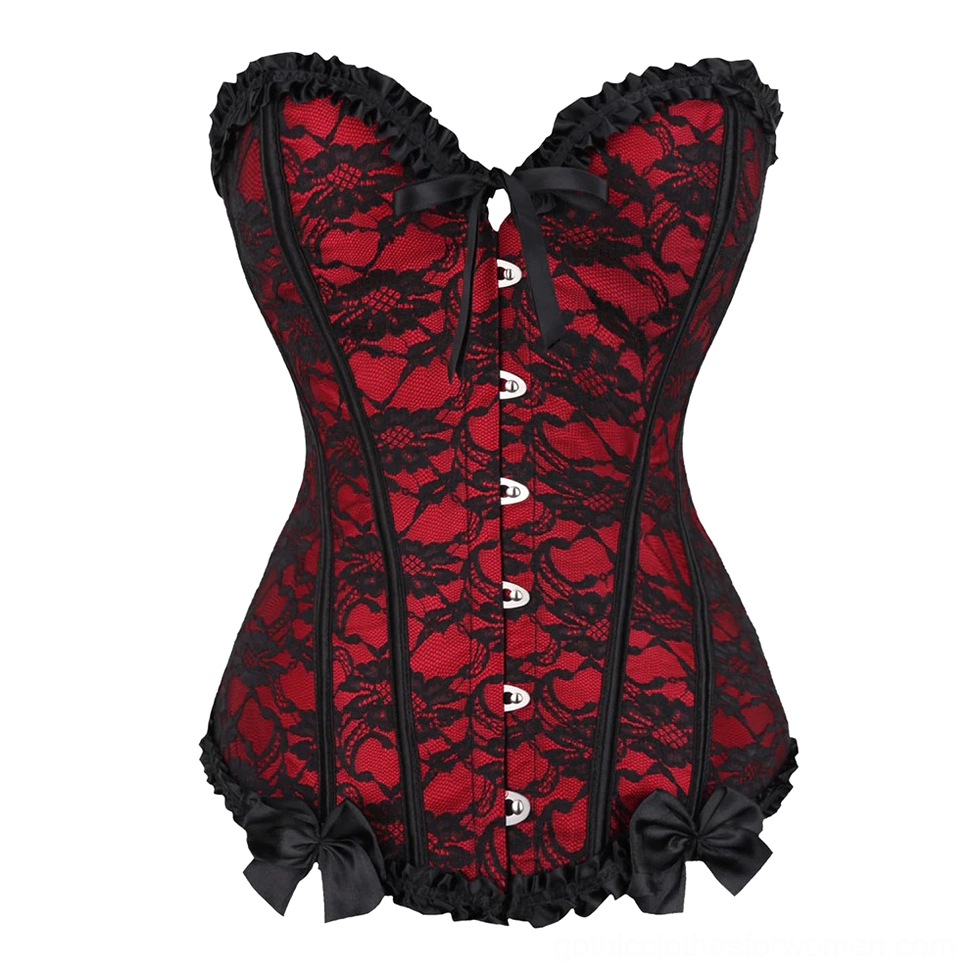 Red base black lace overbust corset with floral lace overlay, front ribbon tie closure, and ruffled hem bow decorations flat lay