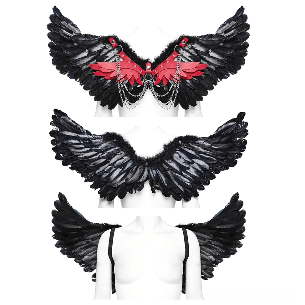 Red feather wing harness with black accents and silver chain details displayed on mannequin front perspective