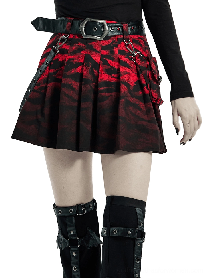 Red and black abstract gothic A-line skirt with pleated design, front three-quarter view worn by model with alternative fashion style