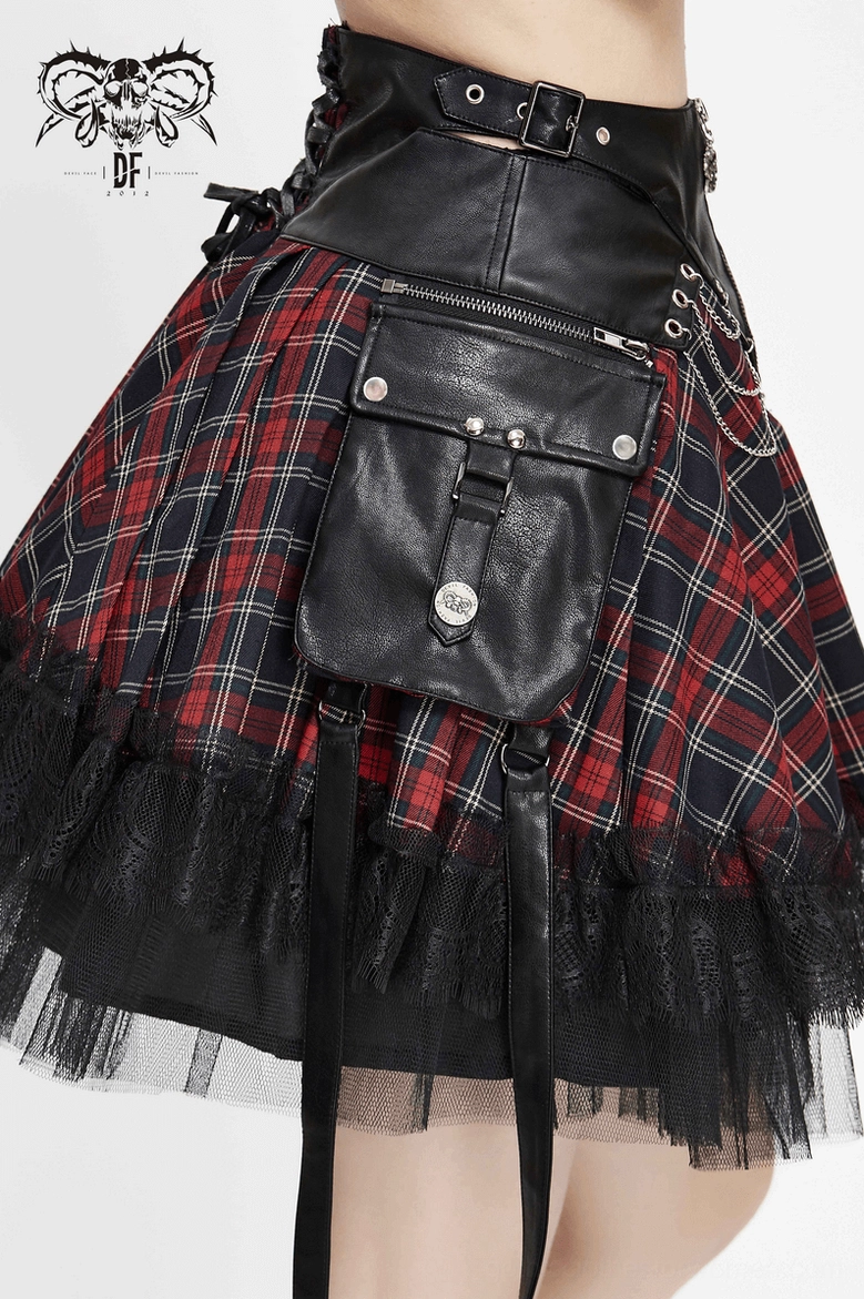 Red black gothic chain skirt worn with accessories, full styling demonstration for alternative fashion