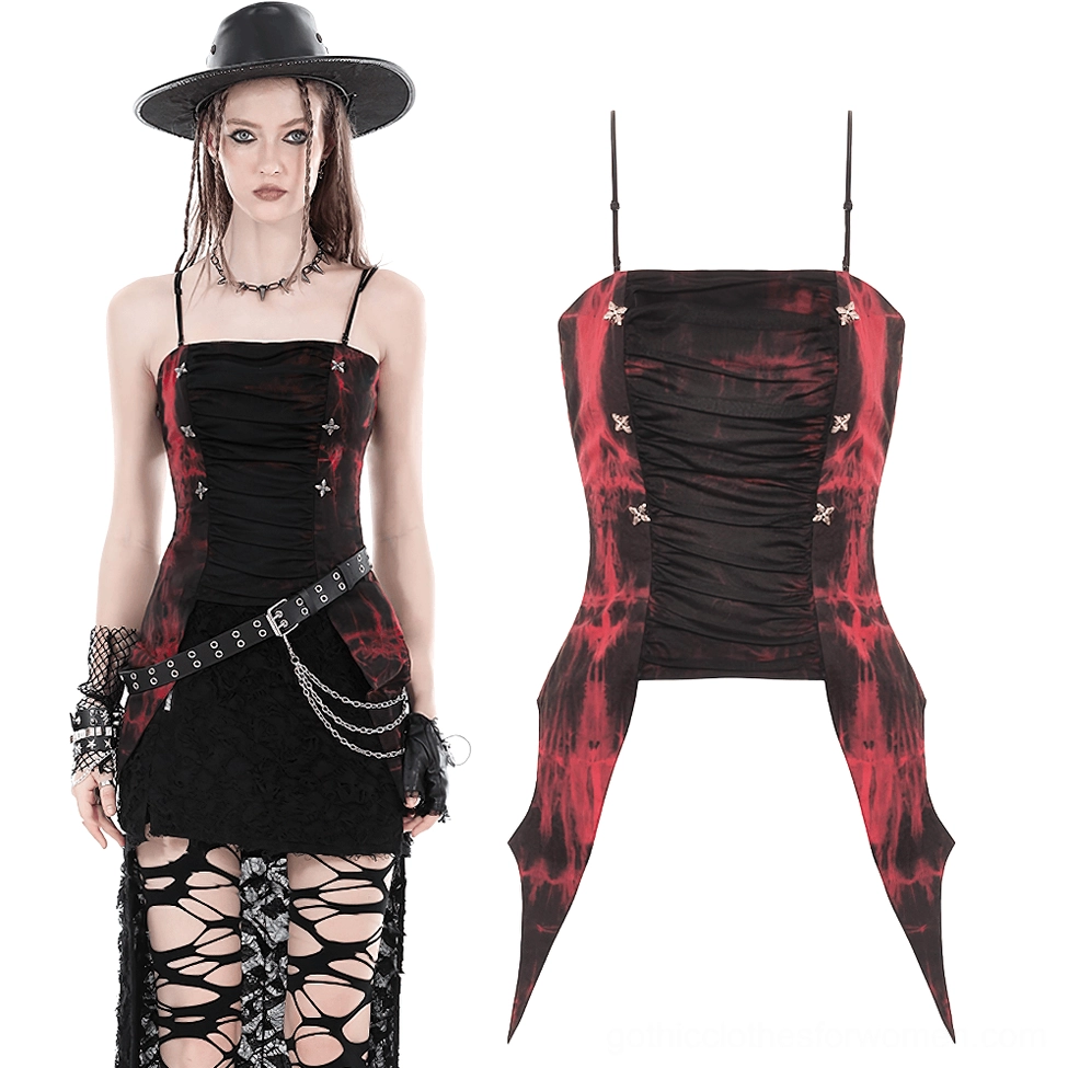 Split view of red and black gothic corset top showing both model wear and flat lay display with irregular batwing hem