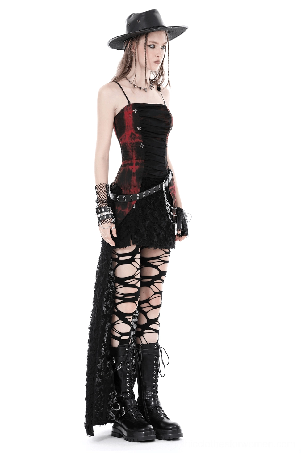 Styled view of red and black tie-dye gothic corset worn as statement top, showcasing overall aesthetic appeal