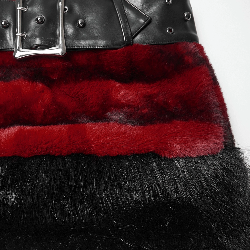 Faux fur gothic mini skirt styled with black boots and alternative fashion accessories on model