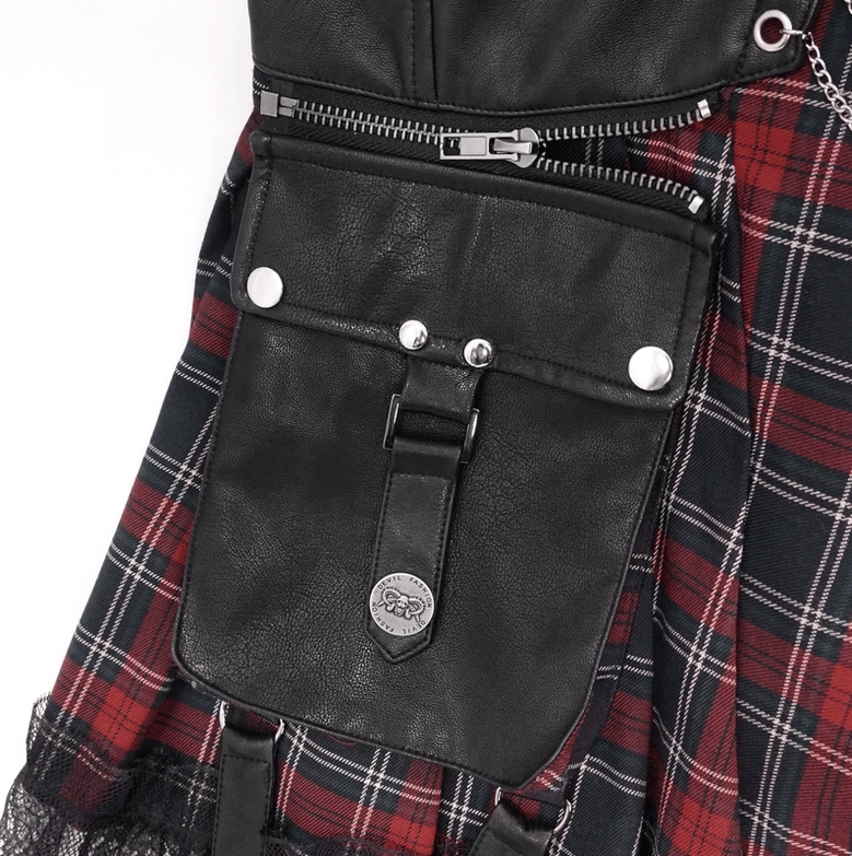 Red and black tartan gothic skirt with chains, showing pattern and metal accent details