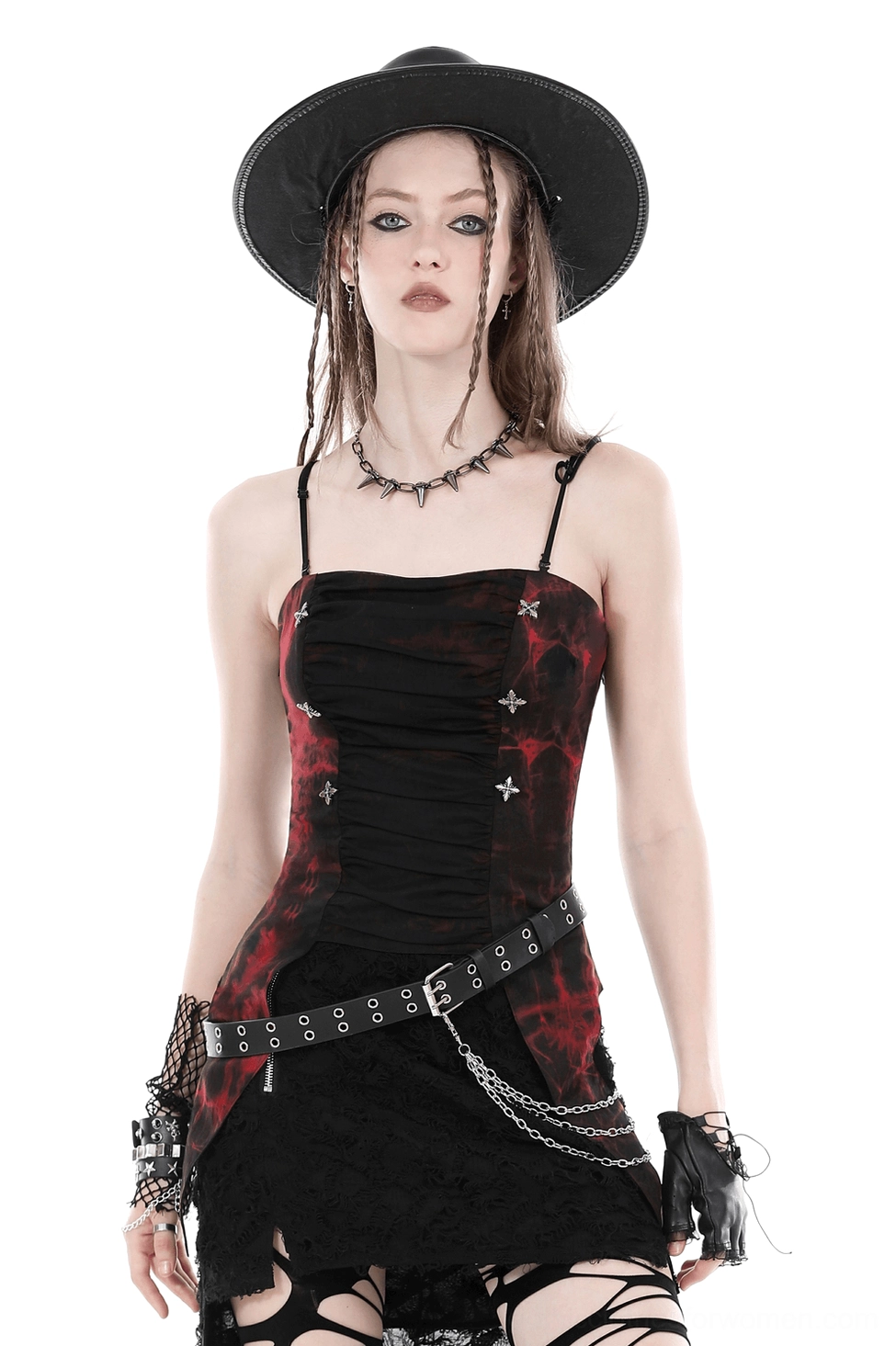 Red and black tie-dye gothic corset top with lace-up back, spaghetti straps, and star metal fasteners - front view on model