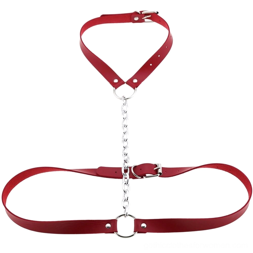 Red faux leather body harness with metal hardware and adjustable buckle system