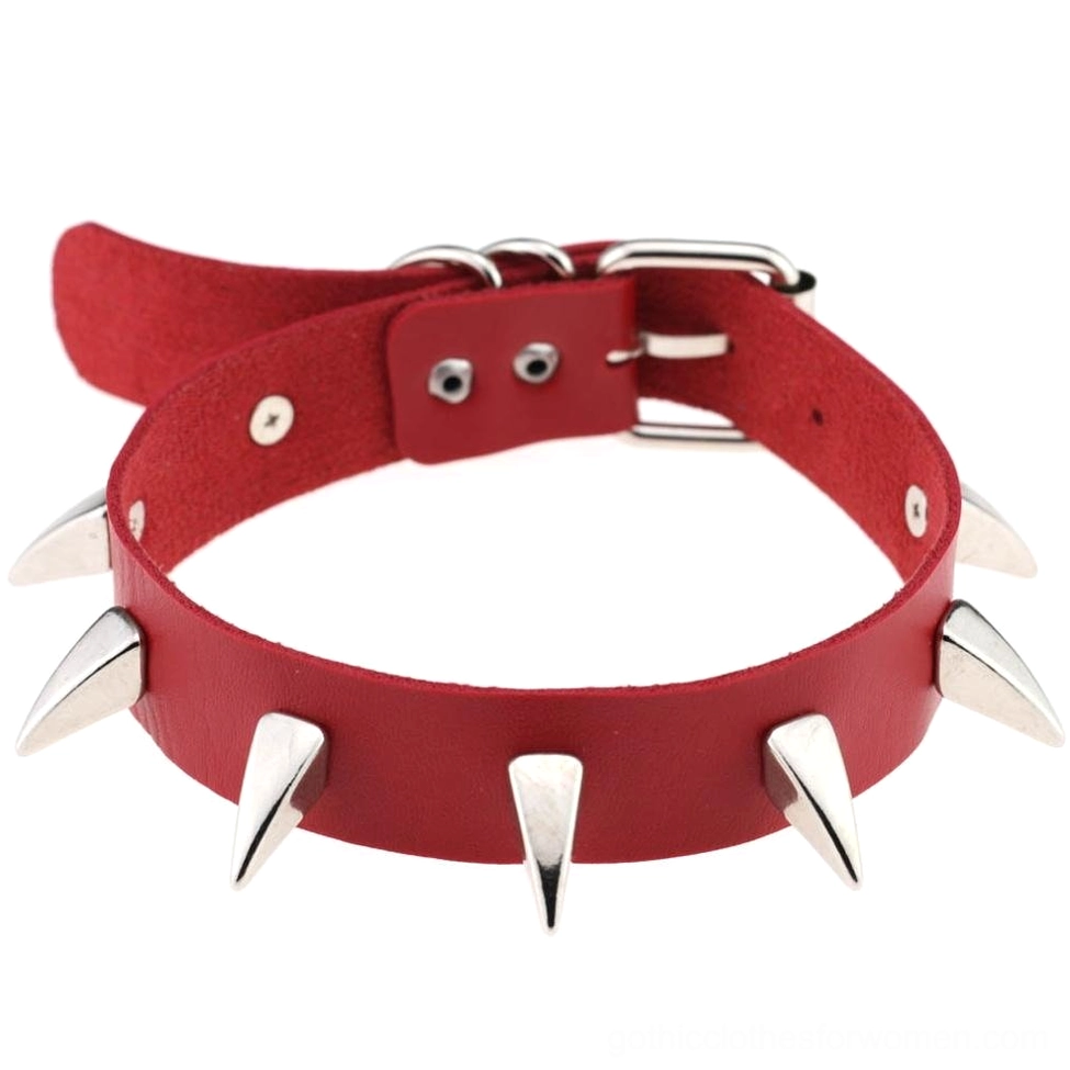 Red spiked leather gothic choker necklace with bold color and silver spike decoration detail