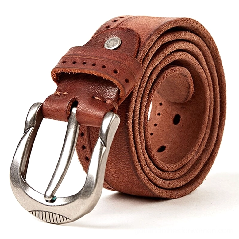 Red brown gothic leather belt with large silver buckle, multiple adjustment holes, side-front angle view