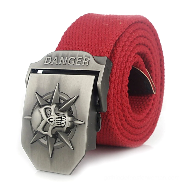 Red woven canvas punk belt with metal spiked skull danger buckle
