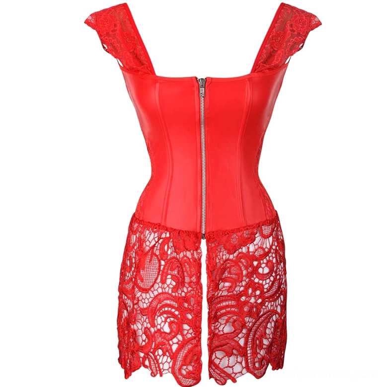 Red faux leather gothic corset dress with front zipper closure and scalloped lace hem detail