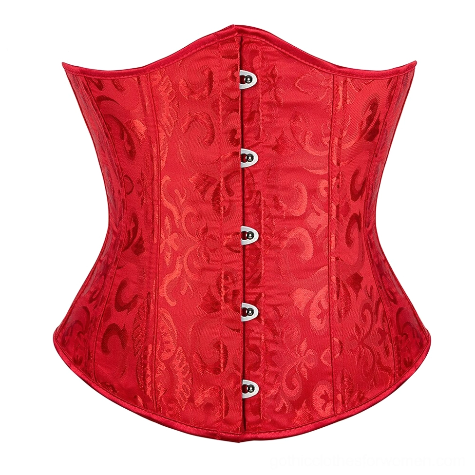 Red damask gothic corset with front button closure and authentic lace-up construction