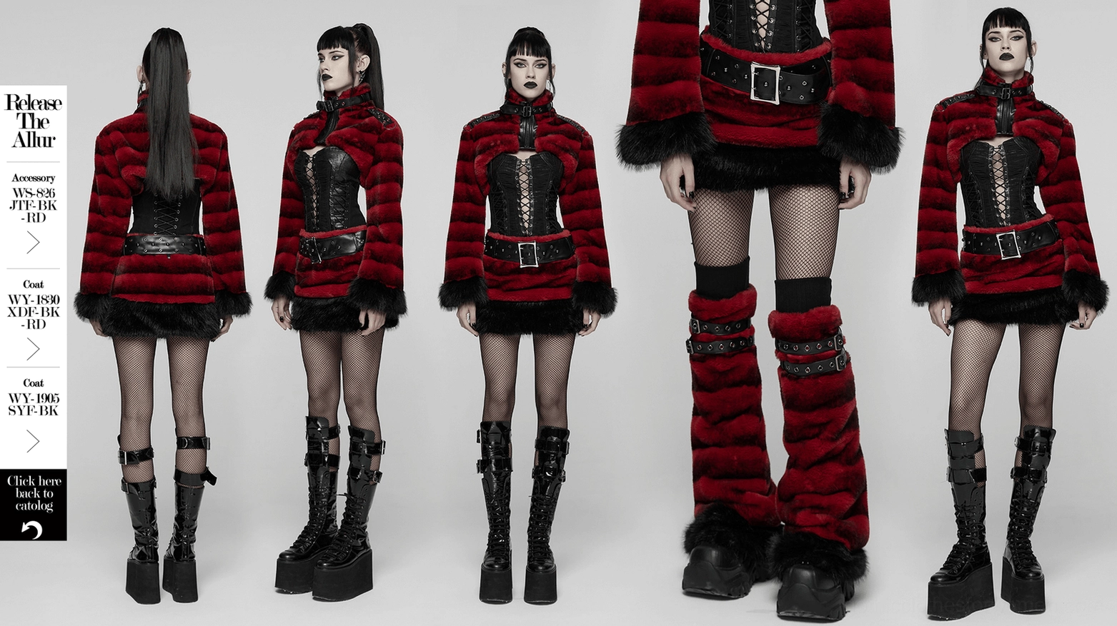 Red faux fur gothic mini skirt with studded leather belt complete front showcase on clean background