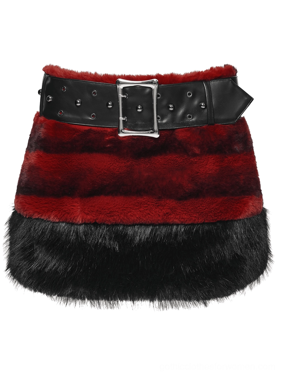 Red striped faux fur gothic mini skirt front flat lay with studded black leather belt on white background