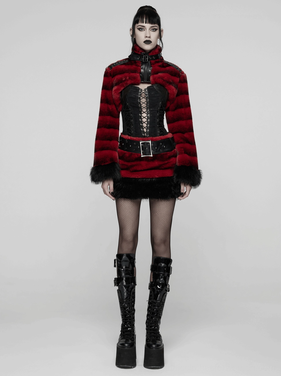 Red faux fur gothic mini skirt texture close-up showing striped fuzzy fabric quality and plush pile
