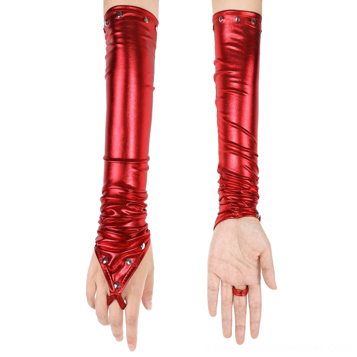 Red metallic fingerless long PU leather gloves with ruched cuff and red finger ring