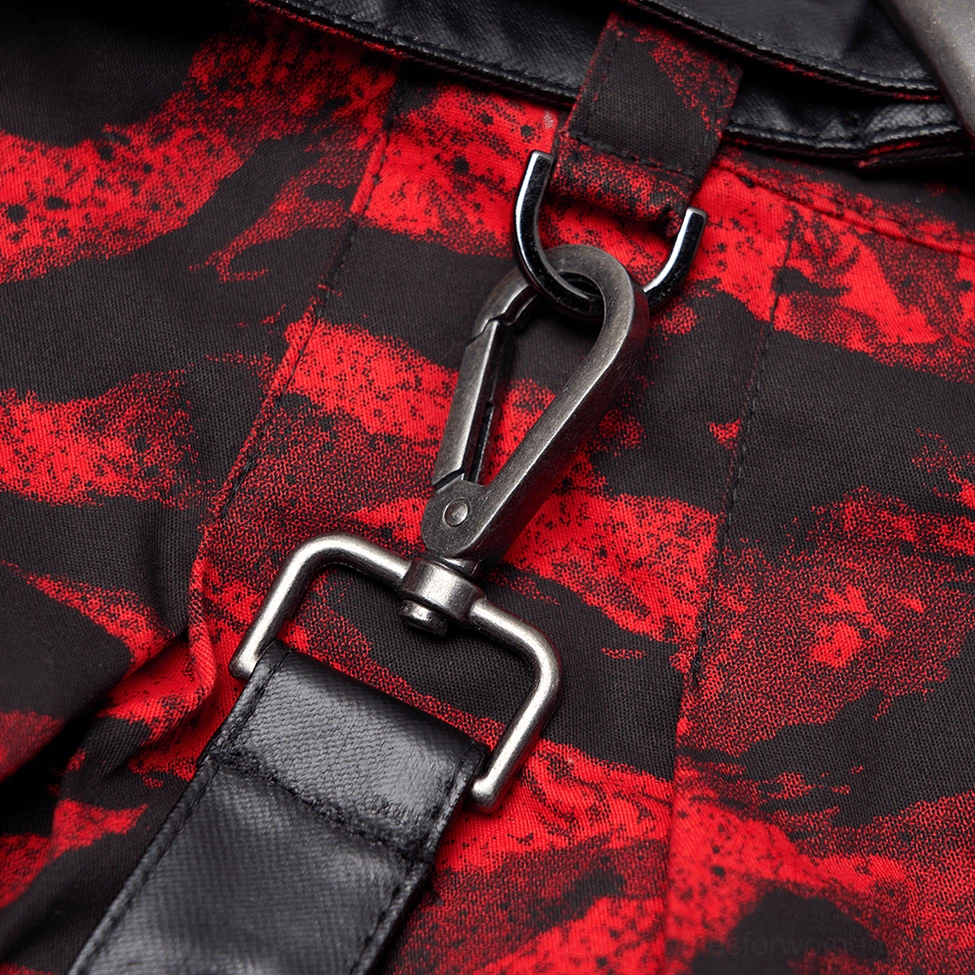 Red abstract gothic A-line skirt with removable waist bag and metal hardware, alternative fashion styling