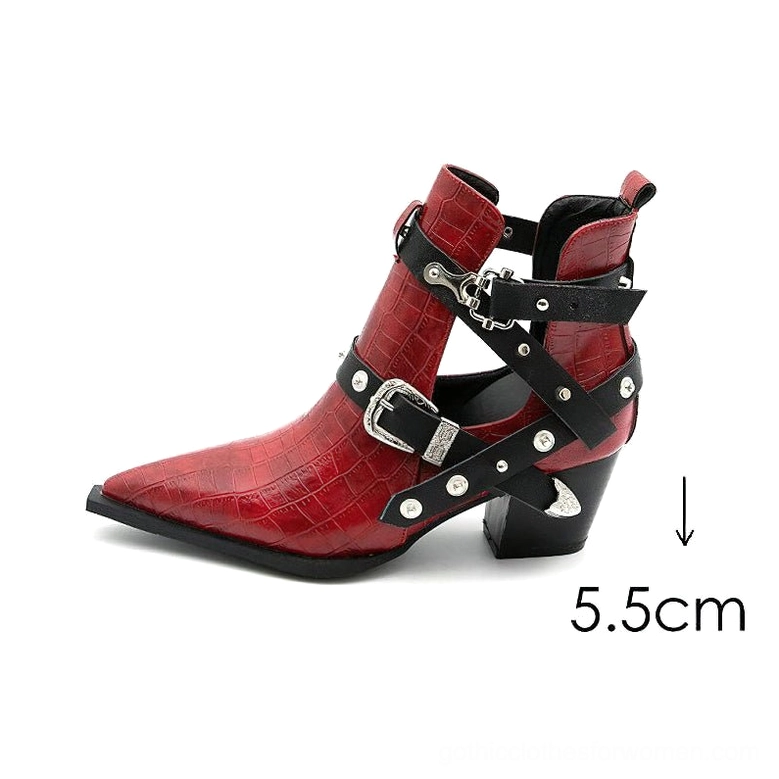 Red gothic ankle boot with 5.5cm heel measurement marking and crocodile texture hardware decoration