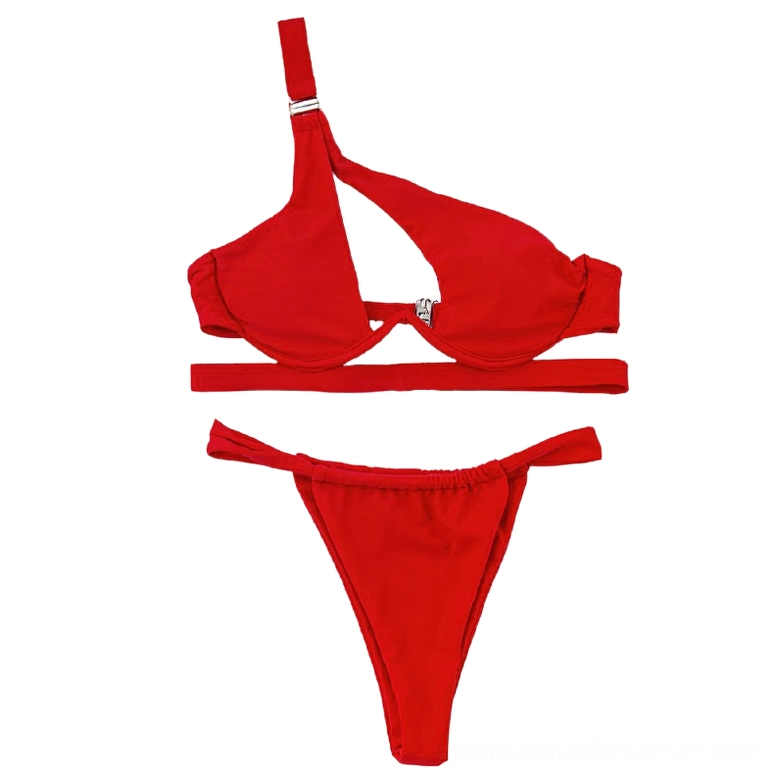 Red two-piece gothic bikini set flat lay showing one-shoulder top and thong bottoms