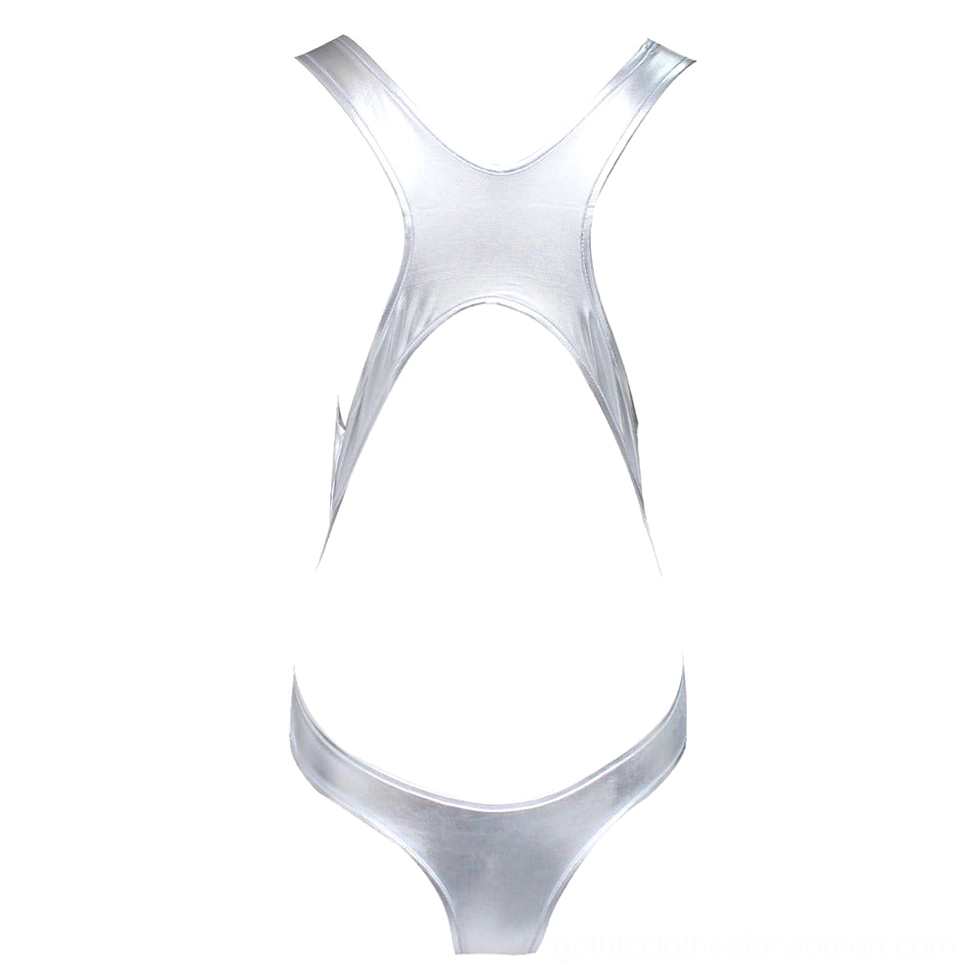 Red high-cut metallic gothic bodysuit thong design detail view