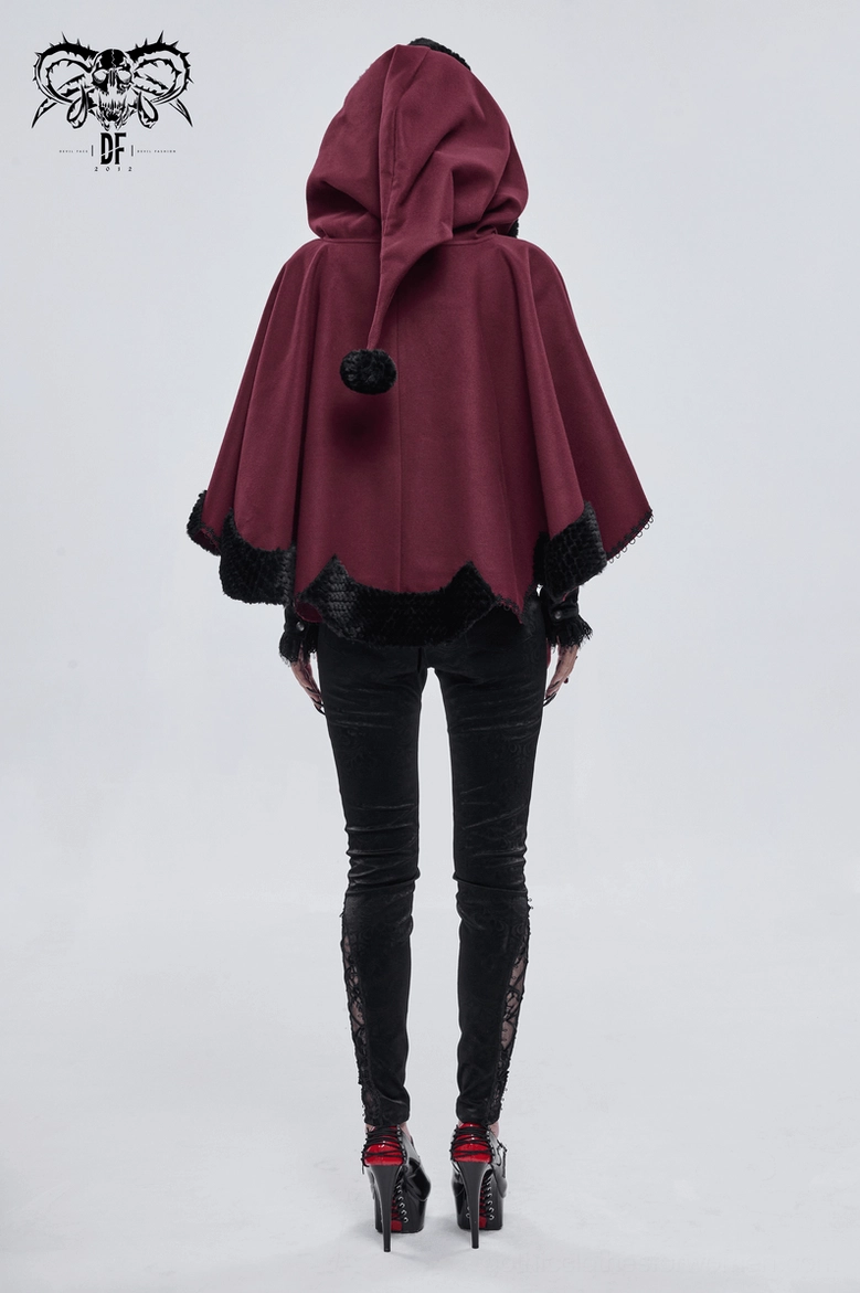 Red gothic cape full product display with all design features including hood and pom-pom details