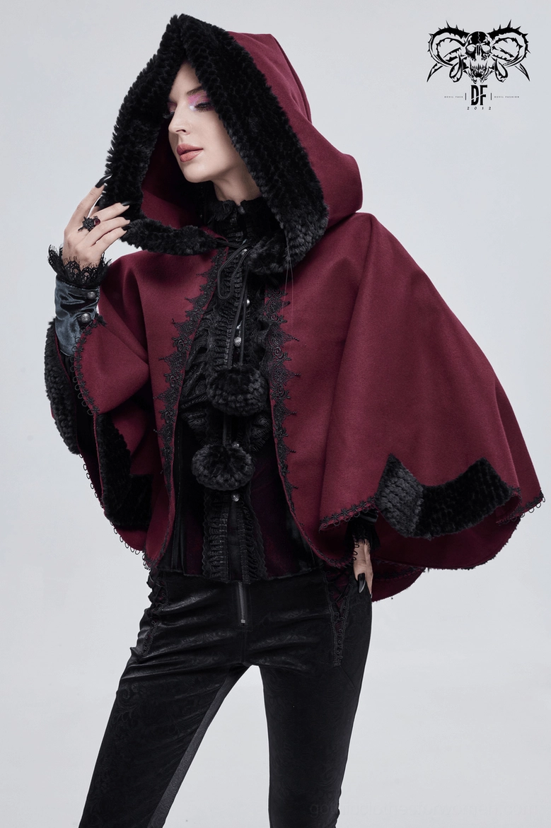 Front view red gothic short cape with adjustable hood and black pom-pom closures on white background