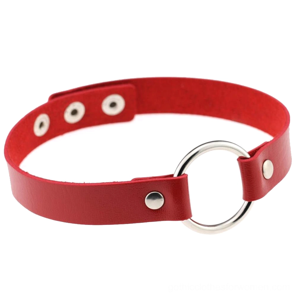 Red PU leather gothic choker with zinc alloy metal O-ring, adjustable minimalist design