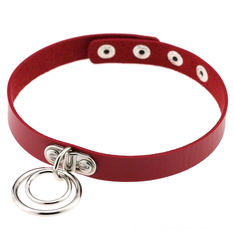 Red PU leather gothic choker with metal ring accent and adjustable snap fastener
