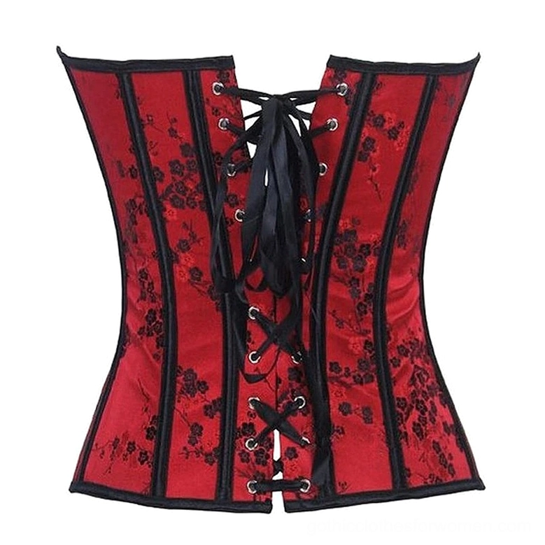 Back view of red floral gothic corset displaying black ribbon lace-up closure and vertical satin trim on white background