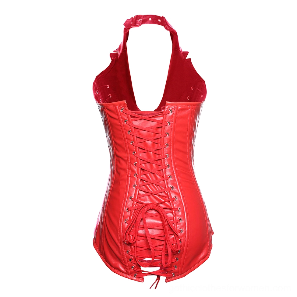 Red steel-boned gothic halter corset back view displaying halter neckline and lace-up back detail