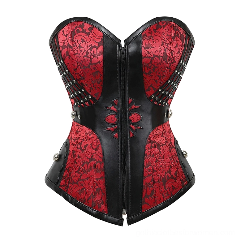 Red gothic corset bustier with studded lattice trim, front zipper closure, and lace-up back detail, displayed flat on white background
