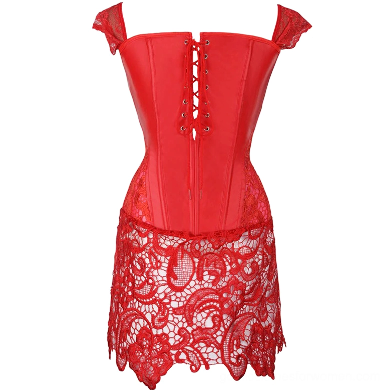 Red corset dress front view with lace-up closure and faux leather structured bodice, gothic style
