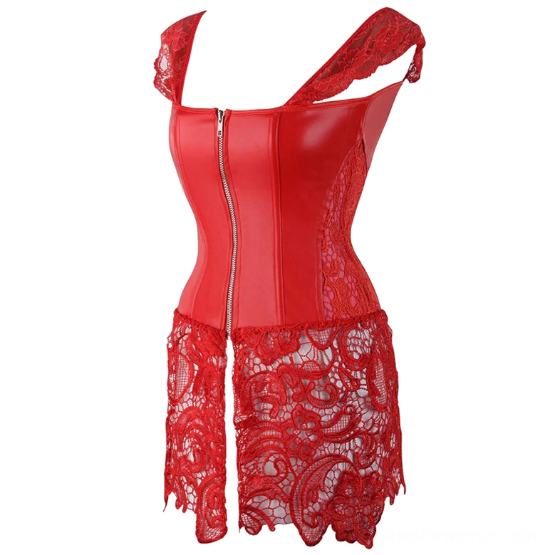 Red gothic corset dress back view showing side zipper and scalloped lace hemline detail