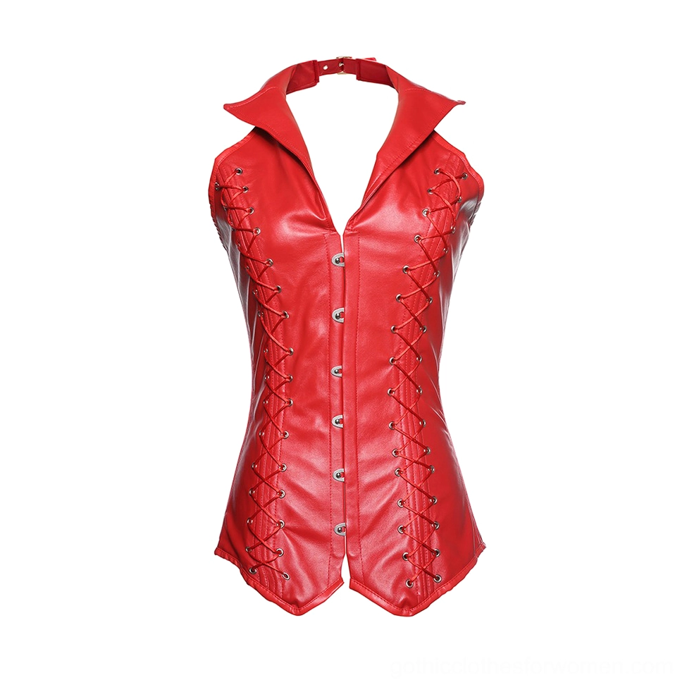 Red steel-boned halter corset flat lay front view with lapel collar and front closure detail