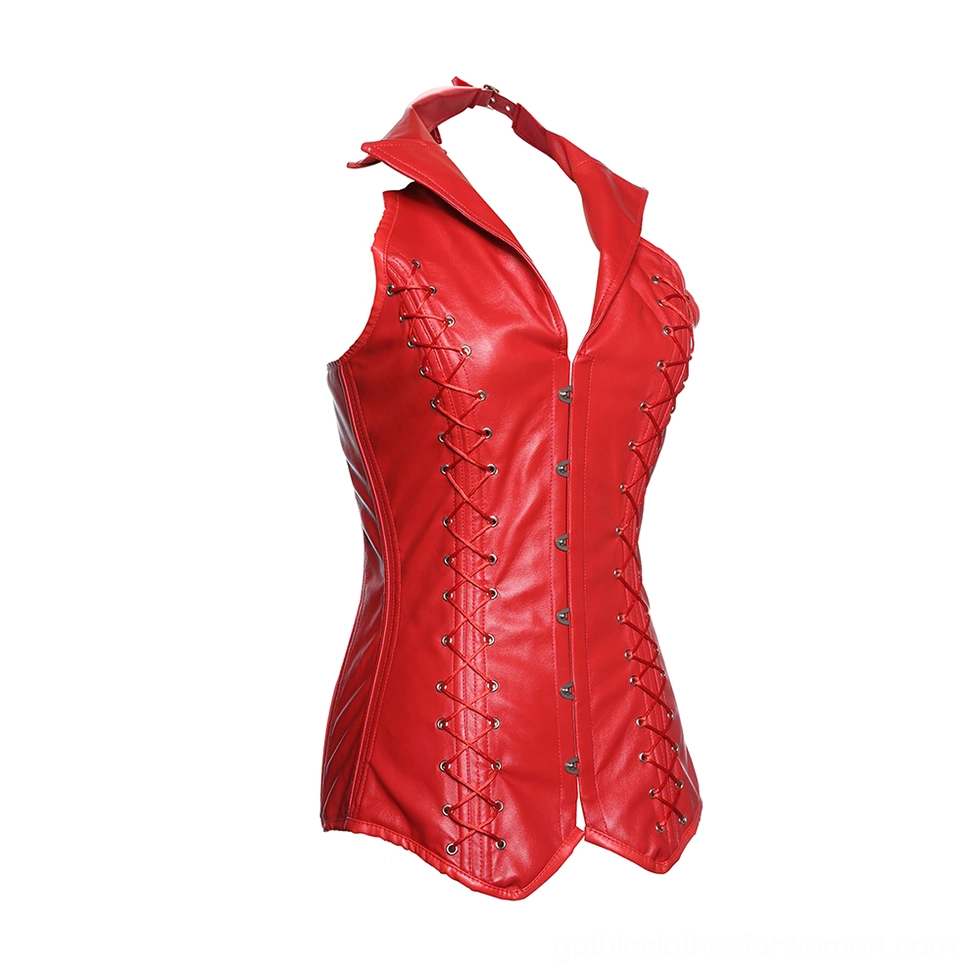 Red steel-boned gothic halter corset side view showing slim tailored waist and V-neck neckline design