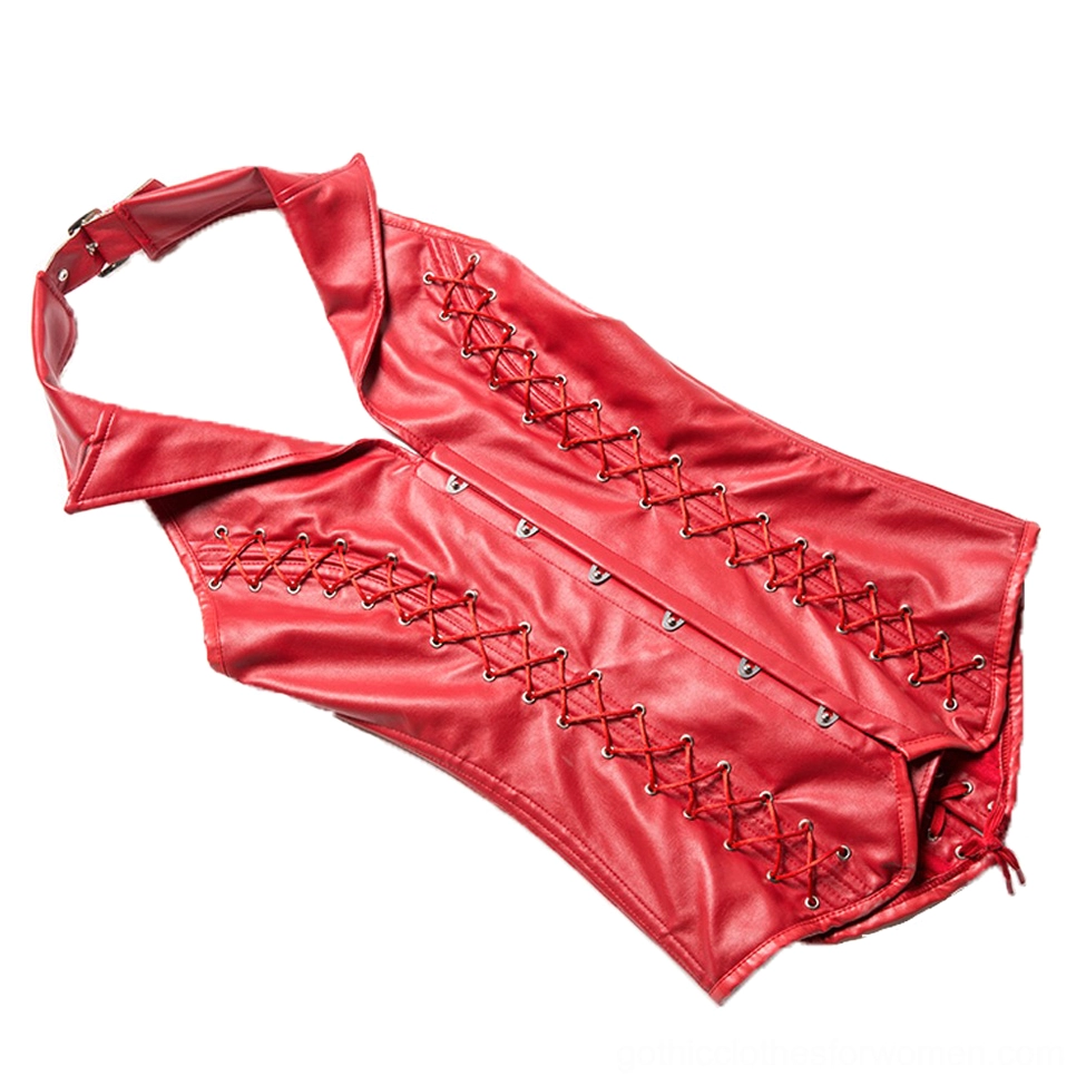 Red steel-boned gothic halter corset top-down flat lay view showing dual side lace-up and lapel collar structure