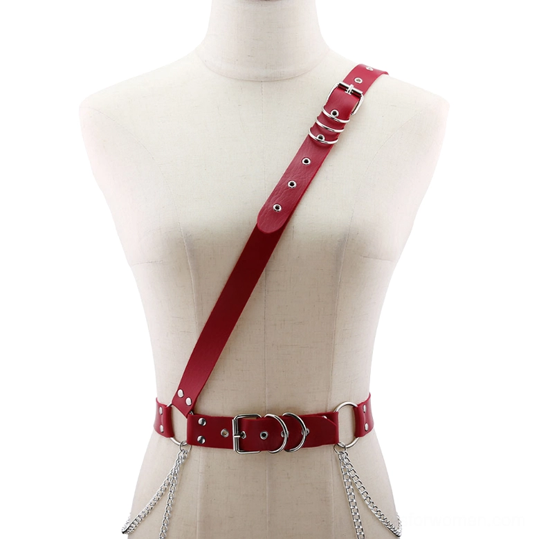 Burgundy red gothic body harness with silver metal fittings and decorative chains