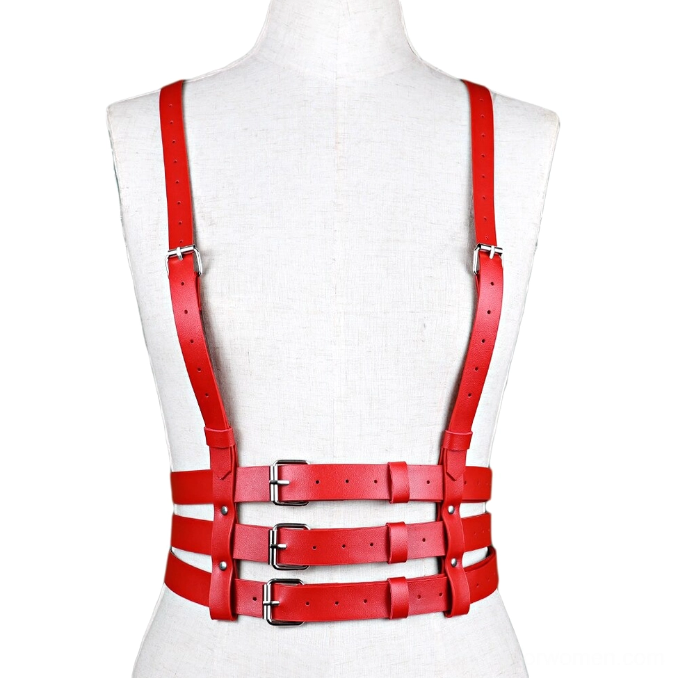 Red gothic leather harness displayed on white mannequin, front view showing triple waist buckle straps and polished silver hardware details