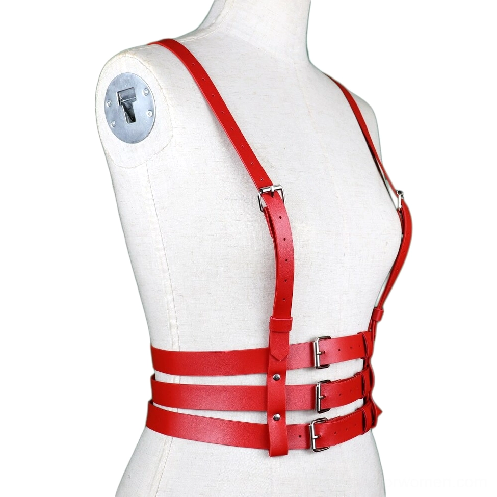 Red shoulder harness with waist belt on mannequin, side front angle showing adjustable shoulder straps and detachable buckle components