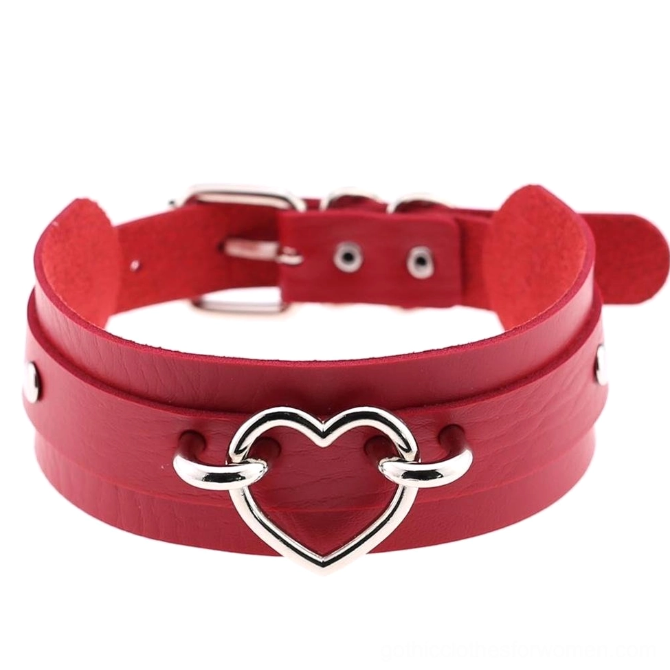 Wine red gothic heart choker with faux leather construction and silver heart embellishment