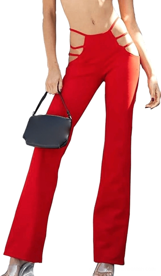 Red gothic high-waist hollow-out pants with side cutout waist straps, front full-body view